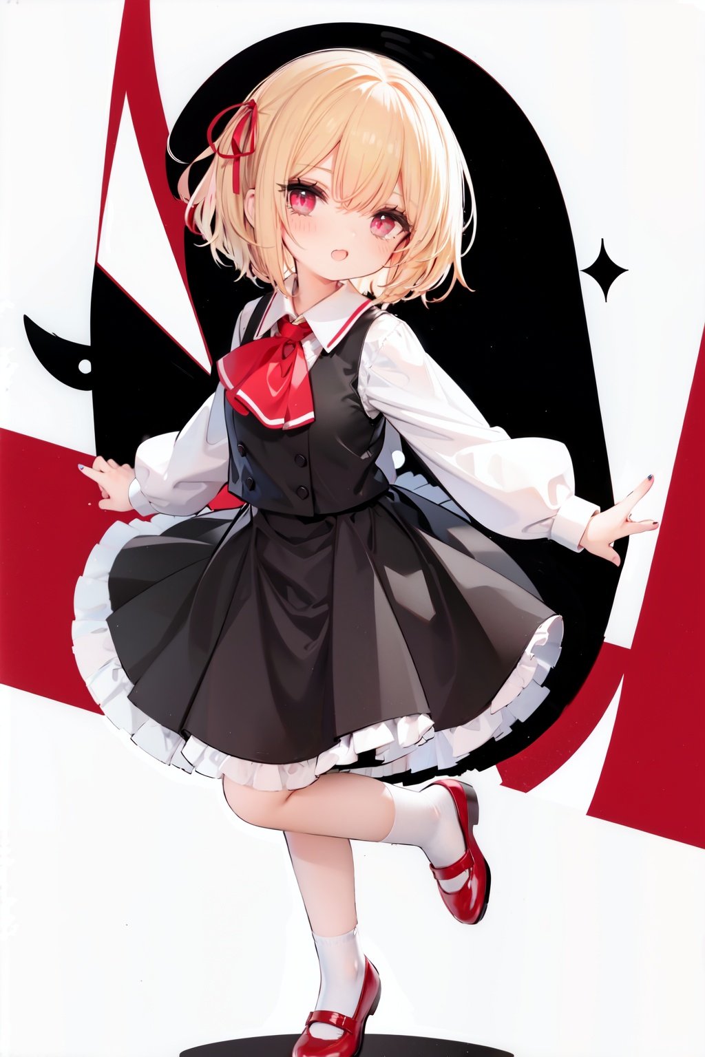  1girl, rumia, blonde hair, solo, white background, red eyes, red footwear, simple background, ascot, short hair, ribbon, open mouth, hair ribbon, smile, long sleeves, shirt, looking at viewer, red ascot, white socks, white shirt, red ribbon, shoes, socks, frills, bangs, outstretched arms, hair between eyes, skirt, :d, dress, vest, mary janes, black dress, black skirt, collared shirt, black vest, blush