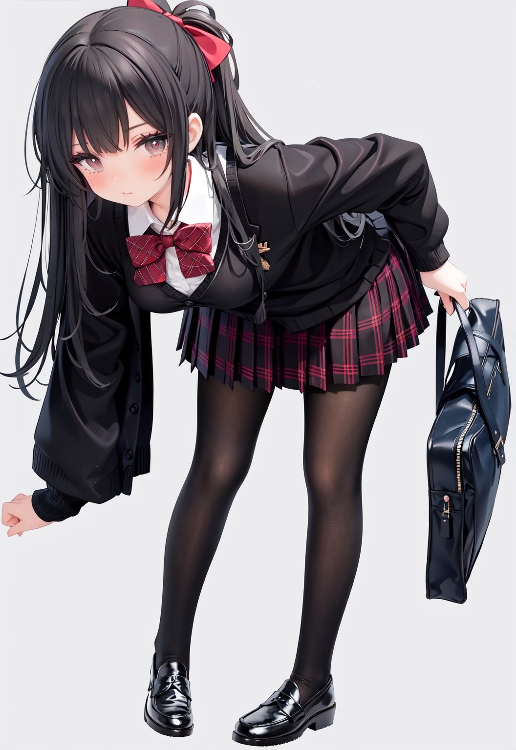  1girl, solo, pantyhose, skirt, long hair, loafers, shoes, simple background, school uniform, brown eyes, plaid, black pantyhose, plaid skirt, looking at viewer, black hair, pantyhose pull, full body, clothes pull, black footwear, pleated skirt, leaning forward, bangs, long sleeves, bent over, cardigan, bow, bowtie, standing, closed mouth, pulled by self, grey background, blush, miniskirt, red bow, sweater, undressing