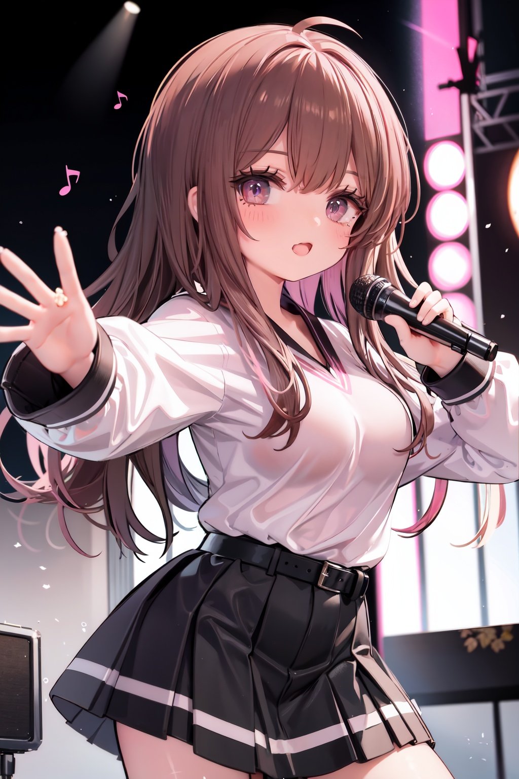  1girl, solo, microphone, smile, skirt, blush, brown eyes, long hair, open mouth, looking at viewer, brown hair, long sleeves, :d, shirt, bangs, belt, breasts, pink shirt, outstretched arm, music, black belt, medium breasts, holding microphone, singing