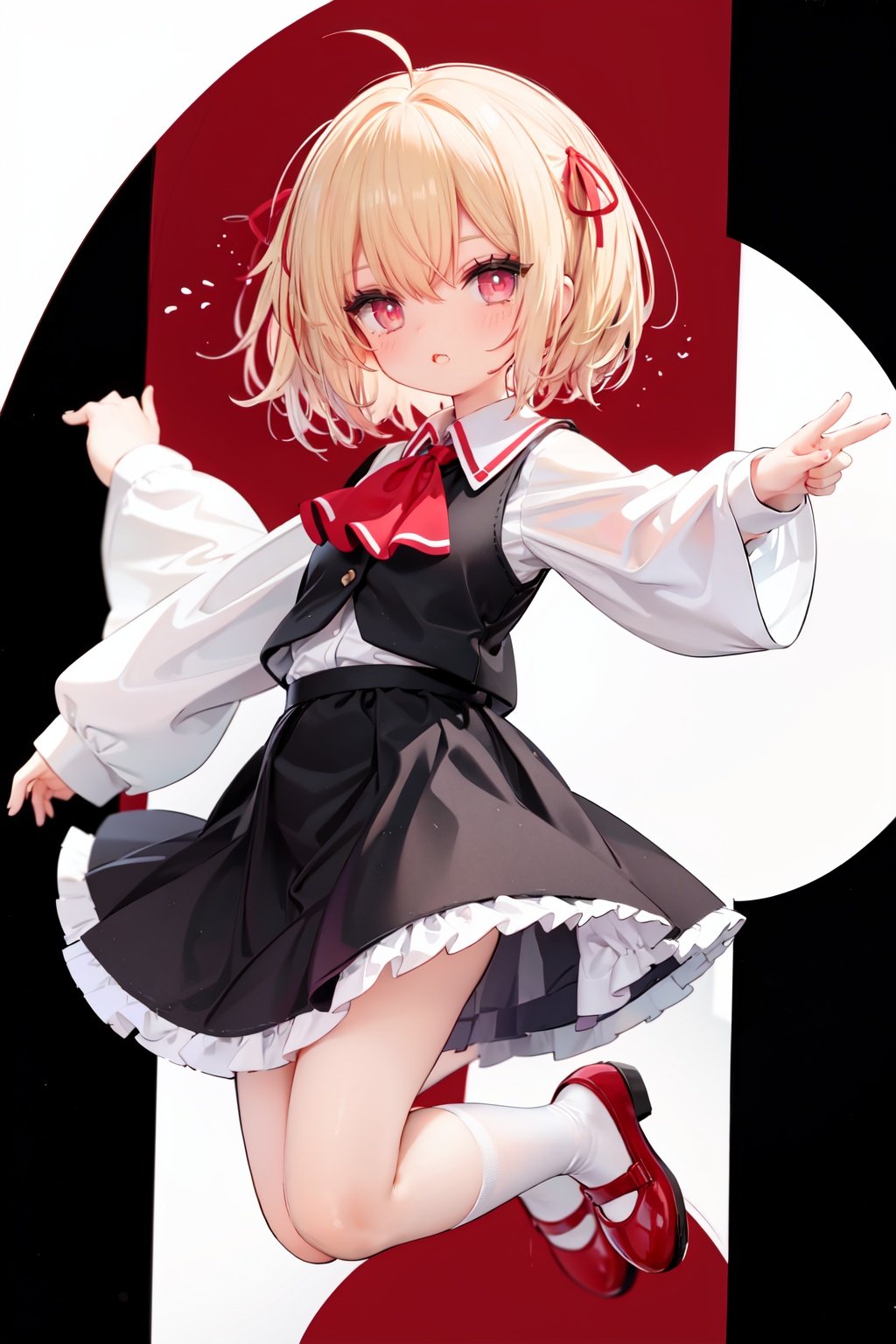  1girl, rumia, blonde hair, solo, white background, red eyes, red footwear, simple background, ascot, short hair, ribbon, open mouth, hair ribbon, smile, long sleeves, shirt, looking at viewer, red ascot, white socks, white shirt, red ribbon, shoes, socks, frills, bangs, outstretched arms, hair between eyes, skirt, :d, dress, vest, mary janes, black dress, black skirt, collared shirt, black vest, blush