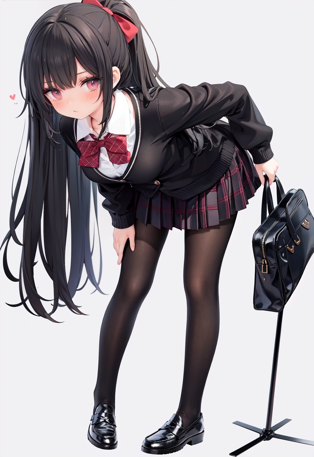  1girl, solo, pantyhose, skirt, long hair, loafers, shoes, simple background, school uniform, brown eyes, plaid, black pantyhose, plaid skirt, looking at viewer, black hair, pantyhose pull, full body, clothes pull, black footwear, pleated skirt, leaning forward, bangs, long sleeves, bent over, cardigan, bow, bowtie, standing, closed mouth, pulled by self, grey background, blush, miniskirt, red bow, sweater, undressing