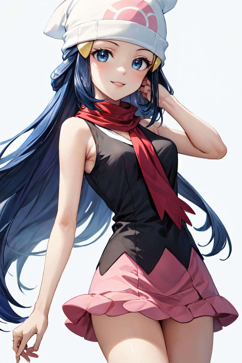 <lora:dawn_v2:1> dawn pokemon, long hair,sleeveless shirt, black shirt, red scarf, blue eyes, dark blue hair, beanie, hairpin, pink skirt,1girl,solo, happy,smile , upepr body,parted lips,white background, 