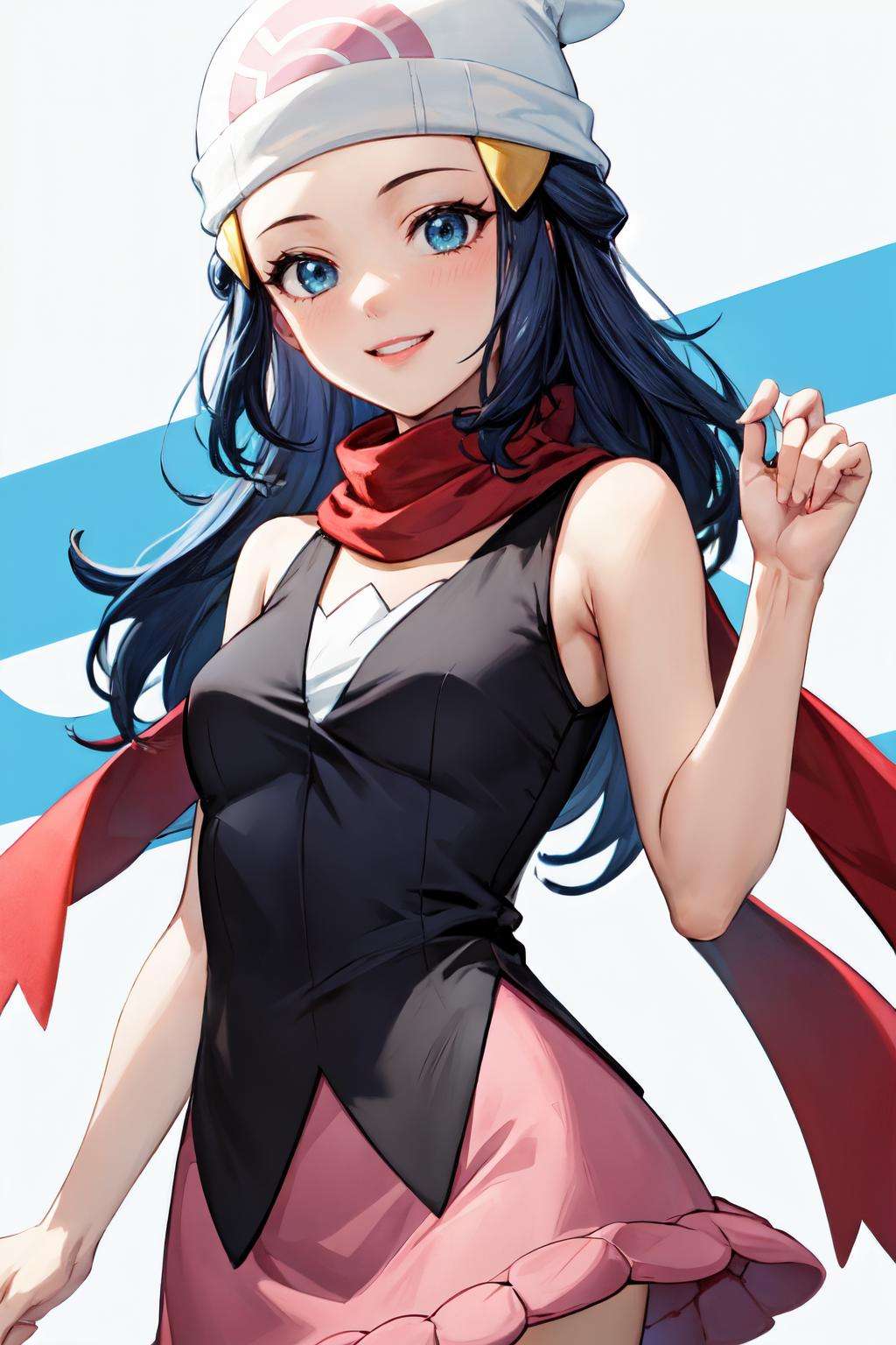 <lora:dawn_v2:1> dawn pokemon, long hair,sleeveless shirt, black shirt, red scarf, blue eyes, dark blue hair, beanie, hairpin, pink skirt,1girl,solo, happy,smile, parted lips, white background