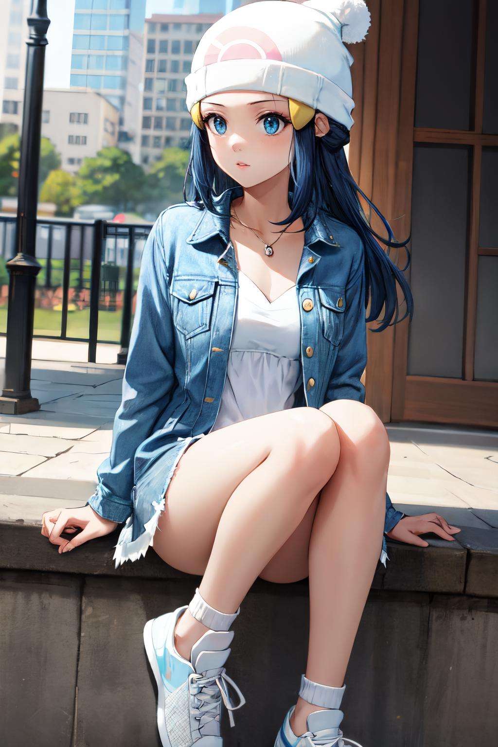 <lora:dawn_v2:1> dawn pokemon, long hair,  blue eyes, dark blue hair, beanie, hairpin, 1girl,solo,   parted lips, Slip dress, denim jacket, white sneakers