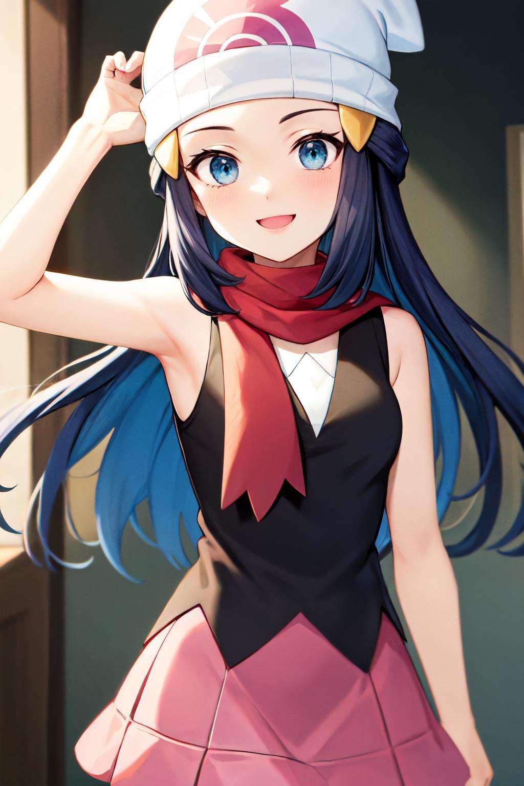 <lora:dawn_v2:1> dawn pokemon, long hair,sleeveless shirt, black shirt, red scarf, blue eyes, dark blue hair, beanie, hairpin, pink skirt,1girl,solo, happy,smile