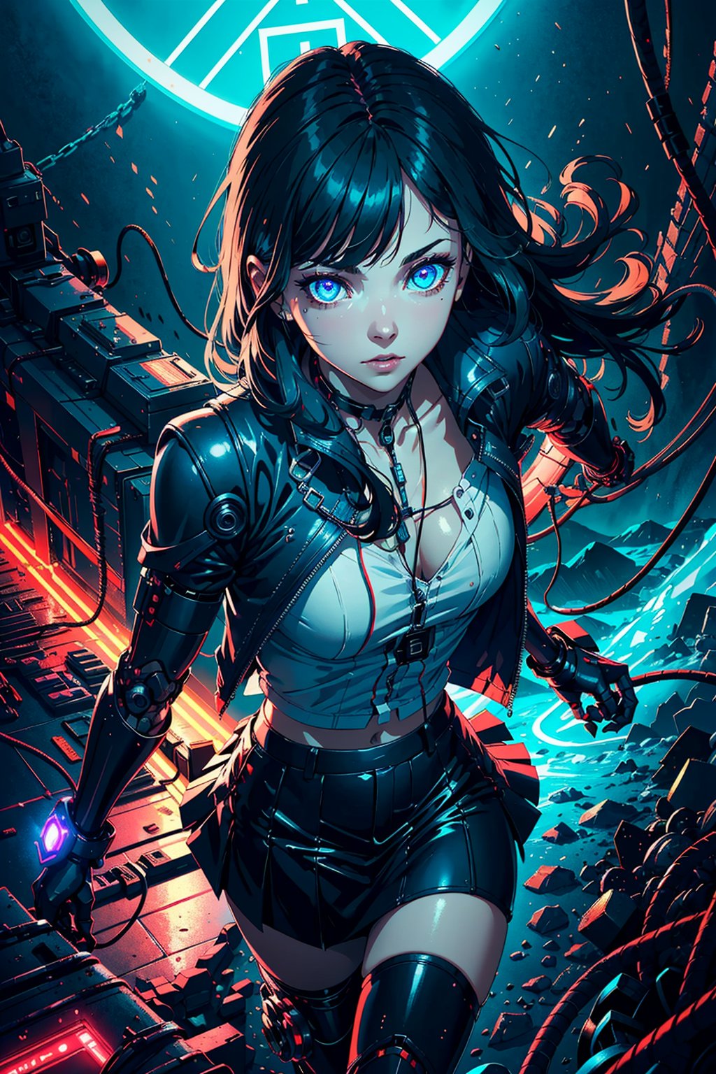 full body of cyborg lady, cybernetic jaw, mechanical parts, white shirt, unbottoned, black latex skirt, metal skin, glowing red eyes, cables, wires, black hair, simple backgroundmasterpiece, best quality, realistic, ultra highres, depth of field, (full dual colour neon lighting:1.2), (detailed face:1.4), (detailed eyes:1.2), (detailed background:1.2), (mountain:1) (masterpiece:1.2), (ultra detailed), (best quality), intricate, comprehensive cinematic, magical photography, (gradients), colorful, detailed landscape, visual key, shiny skin,