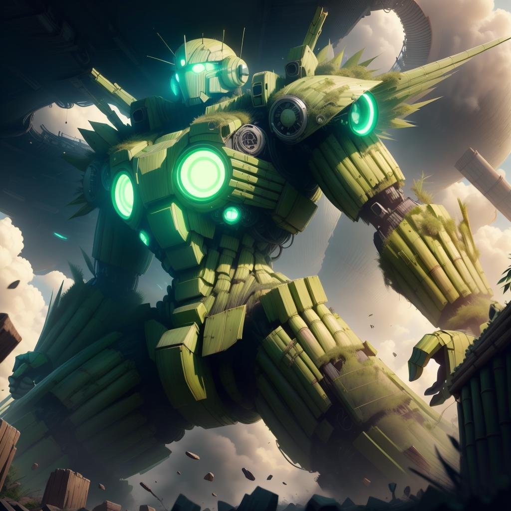 <lora:BambooTech-20:1>, bambootech , scifi, bamboo, fibers , colossal battle mech , destruction,