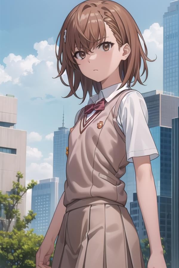 mikotomisaka, <lora:mikoto misaka s3-lora-nochekaiser:1>,mikoto misaka, (misaka mikoto:1.5), short hair, brown hair, hair ornament, hair flower, (brown eyes:1.5),BREAK skirt, shirt, school uniform, white shirt, short sleeves, pleated skirt, grey skirt, sweater vest, tokiwadai school uniform, v-neck,BREAK outdoors, city, sky, cloud, sun,BREAK looking at viewer, (cowboy shot:1.5),BREAK <lyco:GoodHands-beta2:1>, (masterpiece:1.2), best quality, high resolution, unity 8k wallpaper, (illustration:0.8), (beautiful detailed eyes:1.6), extremely detailed face, perfect lighting, extremely detailed CG, (perfect hands, perfect anatomy),