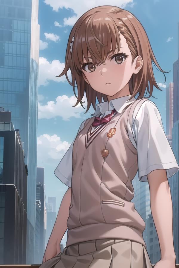 mikotomisaka, <lora:mikoto misaka s3-lora-nochekaiser:1>,mikoto misaka, (misaka mikoto:1.5), short hair, brown hair, hair ornament, hair flower, (brown eyes:1.5),BREAK skirt, shirt, school uniform, white shirt, short sleeves, pleated skirt, grey skirt, sweater vest, tokiwadai school uniform, v-neck,BREAK outdoors, city, sky, cloud, sun,BREAK looking at viewer, (cowboy shot:1.5),BREAK <lyco:GoodHands-beta2:1>, (masterpiece:1.2), best quality, high resolution, unity 8k wallpaper, (illustration:0.8), (beautiful detailed eyes:1.6), extremely detailed face, perfect lighting, extremely detailed CG, (perfect hands, perfect anatomy),