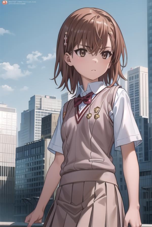 mikotomisaka, <lora:mikoto misaka s3-lora-nochekaiser:1>,mikoto misaka, (misaka mikoto:1.5), short hair, brown hair, hair ornament, hair flower, (brown eyes:1.5),BREAK skirt, shirt, school uniform, white shirt, short sleeves, pleated skirt, grey skirt, sweater vest, tokiwadai school uniform, v-neck,BREAK outdoors, city, sky, cloud, sun,BREAK looking at viewer, (cowboy shot:1.5),BREAK <lyco:GoodHands-beta2:1>, (masterpiece:1.2), best quality, high resolution, unity 8k wallpaper, (illustration:0.8), (beautiful detailed eyes:1.6), extremely detailed face, perfect lighting, extremely detailed CG, (perfect hands, perfect anatomy),