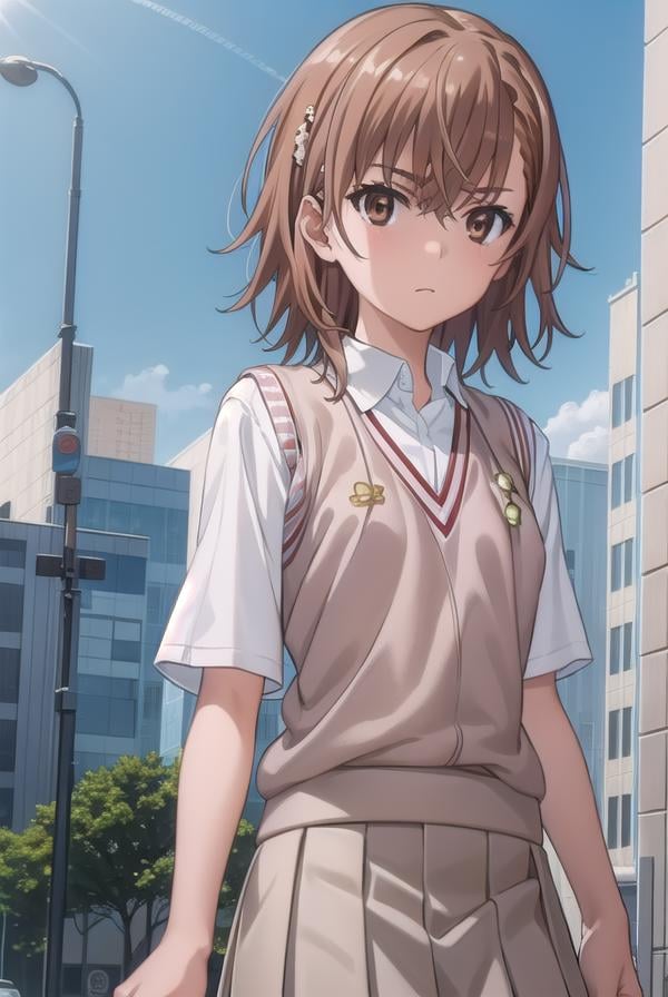 mikotomisaka, <lora:mikoto misaka s3-lora-nochekaiser:1>,mikoto misaka, (misaka mikoto:1.5), short hair, brown hair, hair ornament, hair flower, (brown eyes:1.5),BREAK skirt, shirt, school uniform, white shirt, short sleeves, pleated skirt, grey skirt, sweater vest, tokiwadai school uniform, v-neck,BREAK outdoors, city, sky, cloud, sun,BREAK looking at viewer, (cowboy shot:1.5),BREAK <lyco:GoodHands-beta2:1>, (masterpiece:1.2), best quality, high resolution, unity 8k wallpaper, (illustration:0.8), (beautiful detailed eyes:1.6), extremely detailed face, perfect lighting, extremely detailed CG, (perfect hands, perfect anatomy),