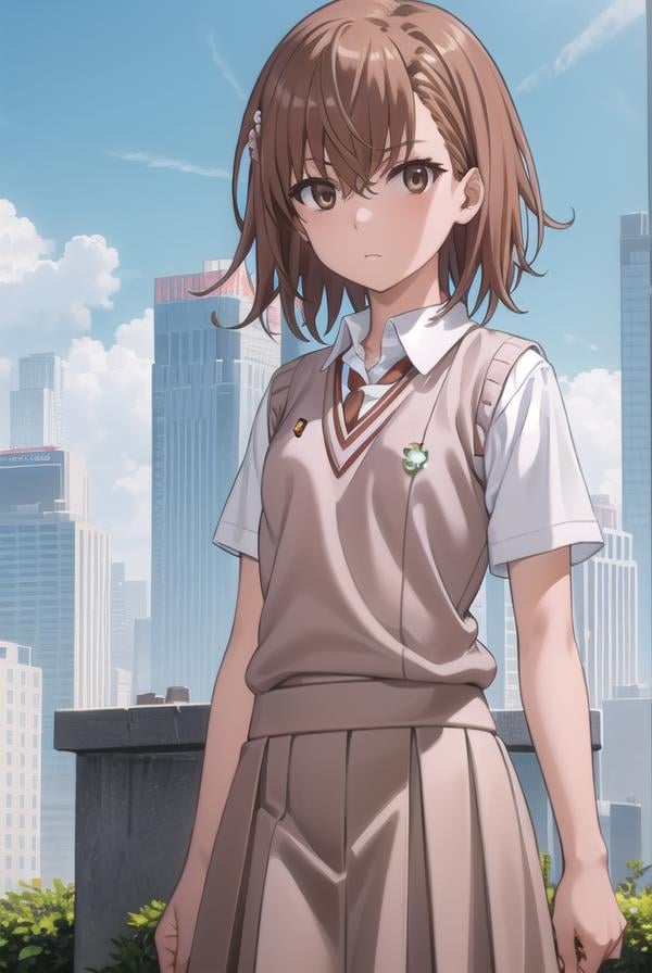 mikotomisaka, <lora:mikoto misaka s3-lora-nochekaiser:1>,mikoto misaka, (misaka mikoto:1.5), short hair, brown hair, hair ornament, hair flower, (brown eyes:1.5),BREAK skirt, shirt, school uniform, white shirt, short sleeves, pleated skirt, grey skirt, sweater vest, tokiwadai school uniform, v-neck,BREAK outdoors, city, sky, cloud, sun,BREAK looking at viewer, (cowboy shot:1.5),BREAK <lyco:GoodHands-beta2:1>, (masterpiece:1.2), best quality, high resolution, unity 8k wallpaper, (illustration:0.8), (beautiful detailed eyes:1.6), extremely detailed face, perfect lighting, extremely detailed CG, (perfect hands, perfect anatomy),