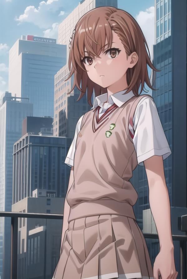 mikotomisaka, <lora:mikoto misaka s3-lora-nochekaiser:1>,mikoto misaka, (misaka mikoto:1.5), short hair, brown hair, hair ornament, hair flower, (brown eyes:1.5),BREAK skirt, shirt, school uniform, white shirt, short sleeves, pleated skirt, grey skirt, sweater vest, tokiwadai school uniform, v-neck,BREAK outdoors, city, sky, cloud, sun,BREAK looking at viewer, (cowboy shot:1.5),BREAK <lyco:GoodHands-beta2:1>, (masterpiece:1.2), best quality, high resolution, unity 8k wallpaper, (illustration:0.8), (beautiful detailed eyes:1.6), extremely detailed face, perfect lighting, extremely detailed CG, (perfect hands, perfect anatomy),