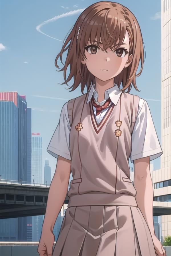 mikotomisaka, <lora:mikoto misaka s3-lora-nochekaiser:1>,mikoto misaka, (misaka mikoto:1.5), short hair, brown hair, hair ornament, hair flower, (brown eyes:1.5),BREAK skirt, shirt, school uniform, white shirt, short sleeves, pleated skirt, grey skirt, sweater vest, tokiwadai school uniform, v-neck,BREAK outdoors, city, sky, cloud, sun,BREAK looking at viewer, (cowboy shot:1.5),BREAK <lyco:GoodHands-beta2:1>, (masterpiece:1.2), best quality, high resolution, unity 8k wallpaper, (illustration:0.8), (beautiful detailed eyes:1.6), extremely detailed face, perfect lighting, extremely detailed CG, (perfect hands, perfect anatomy),