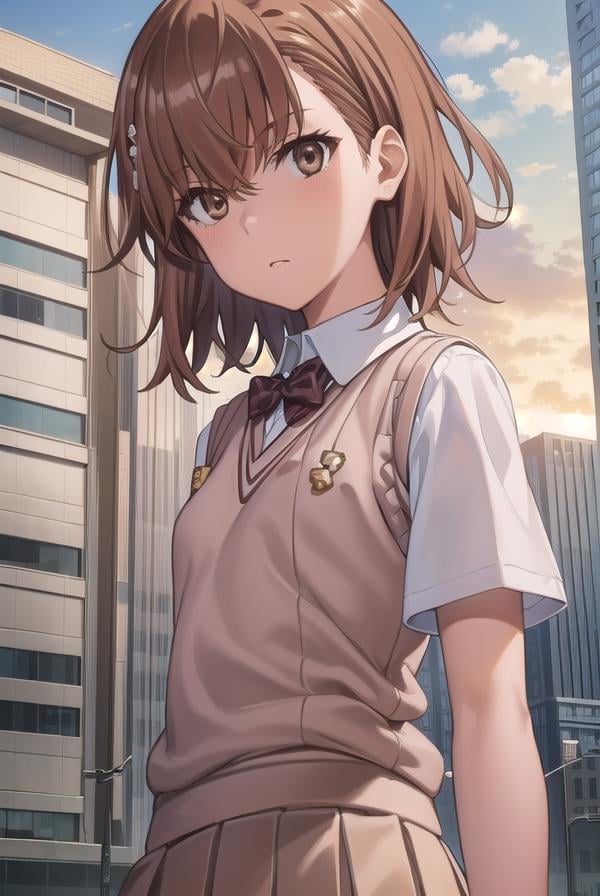 mikotomisaka, <lora:mikoto misaka s3-lora-nochekaiser:1>,mikoto misaka, (misaka mikoto:1.5), short hair, brown hair, hair ornament, hair flower, (brown eyes:1.5),BREAK skirt, shirt, school uniform, white shirt, short sleeves, pleated skirt, grey skirt, sweater vest, tokiwadai school uniform, v-neck,BREAK outdoors, city, sky, cloud, sun,BREAK looking at viewer, (cowboy shot:1.5),BREAK <lyco:GoodHands-beta2:1>, (masterpiece:1.2), best quality, high resolution, unity 8k wallpaper, (illustration:0.8), (beautiful detailed eyes:1.6), extremely detailed face, perfect lighting, extremely detailed CG, (perfect hands, perfect anatomy),