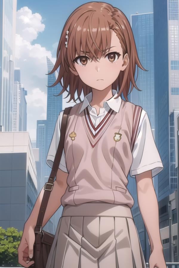 mikotomisaka, <lora:mikoto misaka s3-lora-nochekaiser:1>,mikoto misaka, (misaka mikoto:1.5), short hair, brown hair, hair ornament, hair flower, (brown eyes:1.5),BREAK skirt, shirt, school uniform, white shirt, short sleeves, pleated skirt, grey skirt, sweater vest, tokiwadai school uniform, v-neck,BREAK outdoors, city, sky, cloud, sun,BREAK looking at viewer, (cowboy shot:1.5),BREAK <lyco:GoodHands-beta2:1>, (masterpiece:1.2), best quality, high resolution, unity 8k wallpaper, (illustration:0.8), (beautiful detailed eyes:1.6), extremely detailed face, perfect lighting, extremely detailed CG, (perfect hands, perfect anatomy),