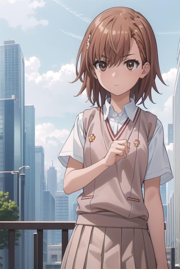 mikotomisaka, <lora:mikoto misaka s3-lora-nochekaiser:1>,mikoto misaka, (misaka mikoto:1.5), short hair, brown hair, hair ornament, hair flower, (brown eyes:1.5),BREAK skirt, shirt, school uniform, white shirt, short sleeves, pleated skirt, grey skirt, sweater vest, tokiwadai school uniform, v-neck,BREAK outdoors, city, sky, cloud, sun,BREAK looking at viewer, (cowboy shot:1.5),BREAK <lyco:GoodHands-beta2:1>, (masterpiece:1.2), best quality, high resolution, unity 8k wallpaper, (illustration:0.8), (beautiful detailed eyes:1.6), extremely detailed face, perfect lighting, extremely detailed CG, (perfect hands, perfect anatomy),