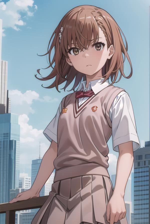 mikotomisaka, <lora:mikoto misaka s3-lora-nochekaiser:1>,mikoto misaka, (misaka mikoto:1.5), short hair, brown hair, hair ornament, hair flower, (brown eyes:1.5),BREAK skirt, shirt, school uniform, white shirt, short sleeves, pleated skirt, grey skirt, sweater vest, tokiwadai school uniform, v-neck,BREAK outdoors, city, sky, cloud, sun,BREAK looking at viewer, (cowboy shot:1.5),BREAK <lyco:GoodHands-beta2:1>, (masterpiece:1.2), best quality, high resolution, unity 8k wallpaper, (illustration:0.8), (beautiful detailed eyes:1.6), extremely detailed face, perfect lighting, extremely detailed CG, (perfect hands, perfect anatomy),