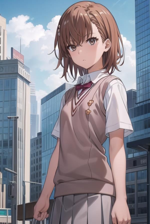 mikotomisaka, <lora:mikoto misaka s3-lora-nochekaiser:1>,mikoto misaka, (misaka mikoto:1.5), short hair, brown hair, hair ornament, hair flower, (brown eyes:1.5),BREAK skirt, shirt, school uniform, white shirt, short sleeves, pleated skirt, grey skirt, sweater vest, tokiwadai school uniform, v-neck,BREAK outdoors, city, sky, cloud, sun,BREAK looking at viewer, (cowboy shot:1.5),BREAK <lyco:GoodHands-beta2:1>, (masterpiece:1.2), best quality, high resolution, unity 8k wallpaper, (illustration:0.8), (beautiful detailed eyes:1.6), extremely detailed face, perfect lighting, extremely detailed CG, (perfect hands, perfect anatomy),