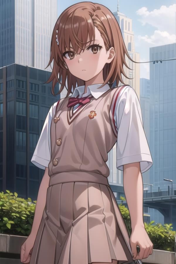 mikotomisaka, <lora:mikoto misaka s3-lora-nochekaiser:1>,mikoto misaka, (misaka mikoto:1.5), short hair, brown hair, hair ornament, hair flower, (brown eyes:1.5),BREAK skirt, shirt, school uniform, white shirt, short sleeves, pleated skirt, grey skirt, sweater vest, tokiwadai school uniform, v-neck,BREAK outdoors, city, sky, cloud, sun,BREAK looking at viewer, (cowboy shot:1.5),BREAK <lyco:GoodHands-beta2:1>, (masterpiece:1.2), best quality, high resolution, unity 8k wallpaper, (illustration:0.8), (beautiful detailed eyes:1.6), extremely detailed face, perfect lighting, extremely detailed CG, (perfect hands, perfect anatomy),