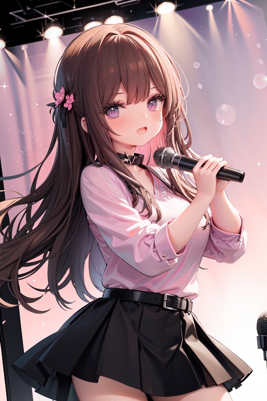  1girl, solo, microphone, smile, skirt, blush, brown eyes, long hair, open mouth, looking at viewer, brown hair, long sleeves, :d, shirt, bangs, belt, breasts, pink shirt, outstretched arm, music, black belt, medium breasts, holding microphone, singing