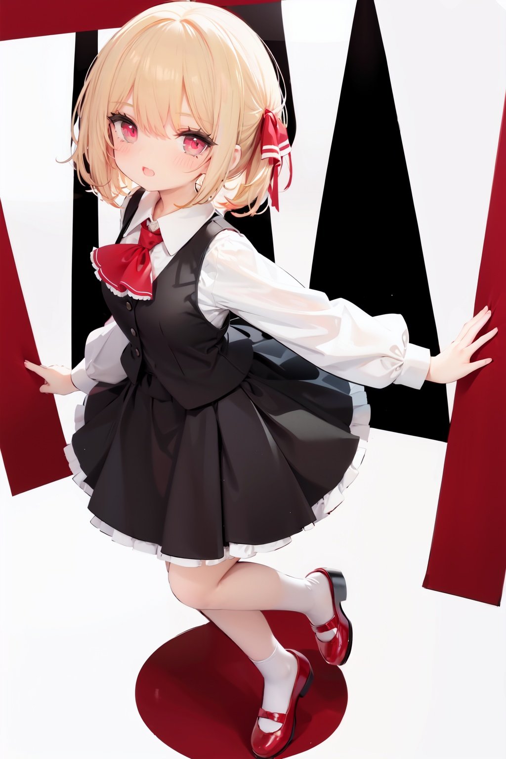  1girl, rumia, blonde hair, solo, white background, red eyes, red footwear, simple background, ascot, short hair, ribbon, open mouth, hair ribbon, smile, long sleeves, shirt, looking at viewer, red ascot, white socks, white shirt, red ribbon, shoes, socks, frills, bangs, outstretched arms, hair between eyes, skirt, :d, dress, vest, mary janes, black dress, black skirt, collared shirt, black vest, blush