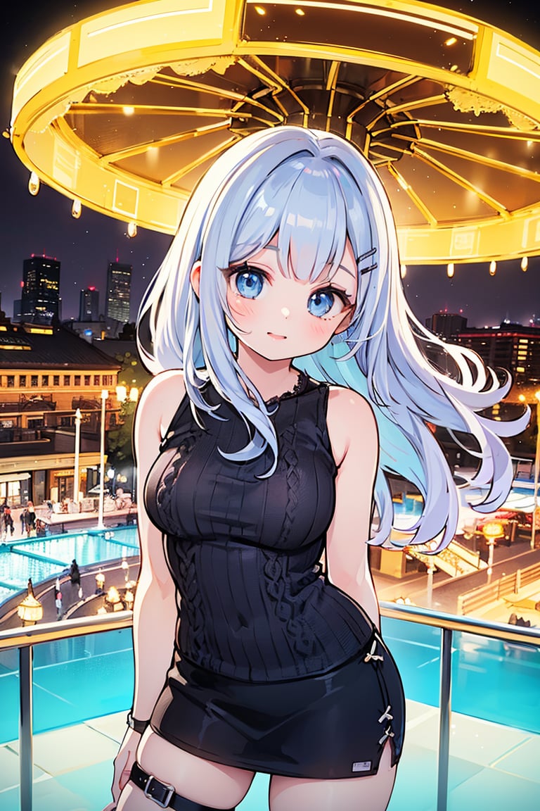 1girl, amusement park, ferris wheel, standing, evil smile, arms behind back, leaning forward, hairclip, strap sweater, bare shoulders, miniskirt, vivid colors, (best quality,4k,8k,highres,masterpiece:1.2), ultra-detailed, (realistic,photorealistic,photo-realistic:1.37), HDR, studio lighting, extreme detail description, professional, portraits, vibrant colors, long flowing hair, brightly lit surroundings, bustling crowd, captivating expression, exciting atmosphere, dynamic pose, shiny hairclip, colorful strap sweater, playful attitude, youthful appearance, joyful energy, (playful:1.1), (dramatic:0.9), (whimsical:0.9), (bold:1.1), (dreamy:1.1), (fantastic:0.9), (lively:1.1), (surreal:0.9), (bright:1.1), (vibrant:1.1)