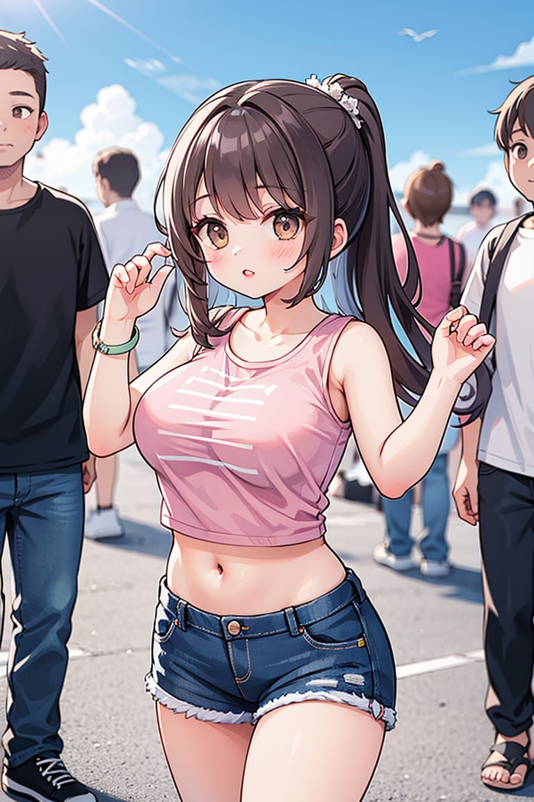 1girl, long hair, breasts, looking at viewer, large breasts, brown hair, shirt, navel, holding, brown eyes, underwear, standing, outdoors, multiple boys, sky, shorts, sleeveless, solo focus, day, midriff, dark skin, lips, crop top, short shorts, black shorts, sandals, denim, web address, denim shorts, pink shirt