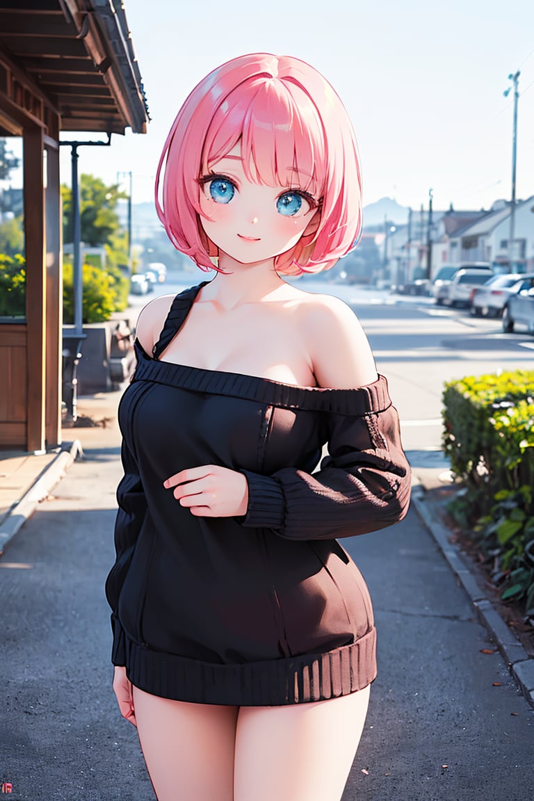 (best quality,4k,8k,highres,masterpiece:1.2),ultra-detailed,(realistic,photorealistic,photo-realistic:1.37),1girl,cowboy shot,outdoors,standing,evil smile,strap sweater,bare shoulders,microskirt,short pink hair,azure eyes,portraits,vivid colors,warm color palette,soft lighting