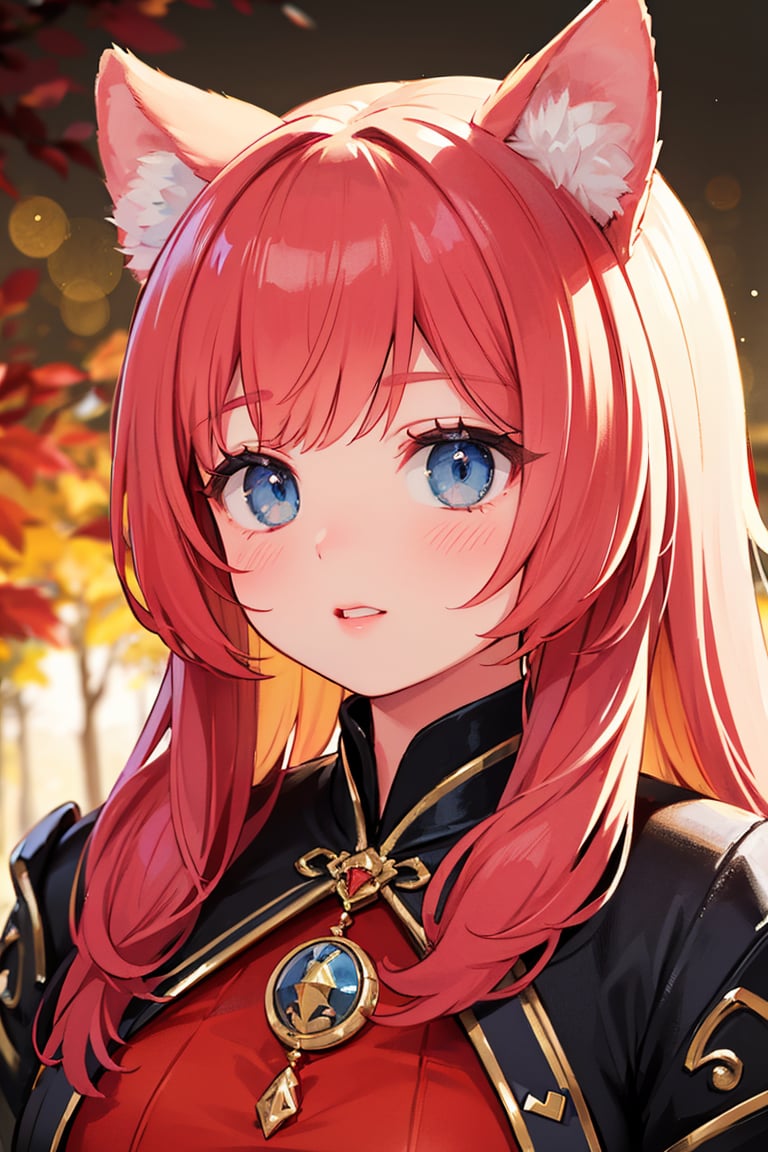 (best quality,4k,8k,highres,masterpiece:1.2), ultra-detailed, realistic:1.37, HDR, professional, vivid colors, bokeh, 1girl, aki, crimson hair, animal ears, beautiful detailed eyes, beautiful detailed lips, extremely detailed eyes and face, long eyelashes, medium:oil painting, portraits, landscape, fantasy, enchanting background, magical atmosphere, soft lighting, autumn colors