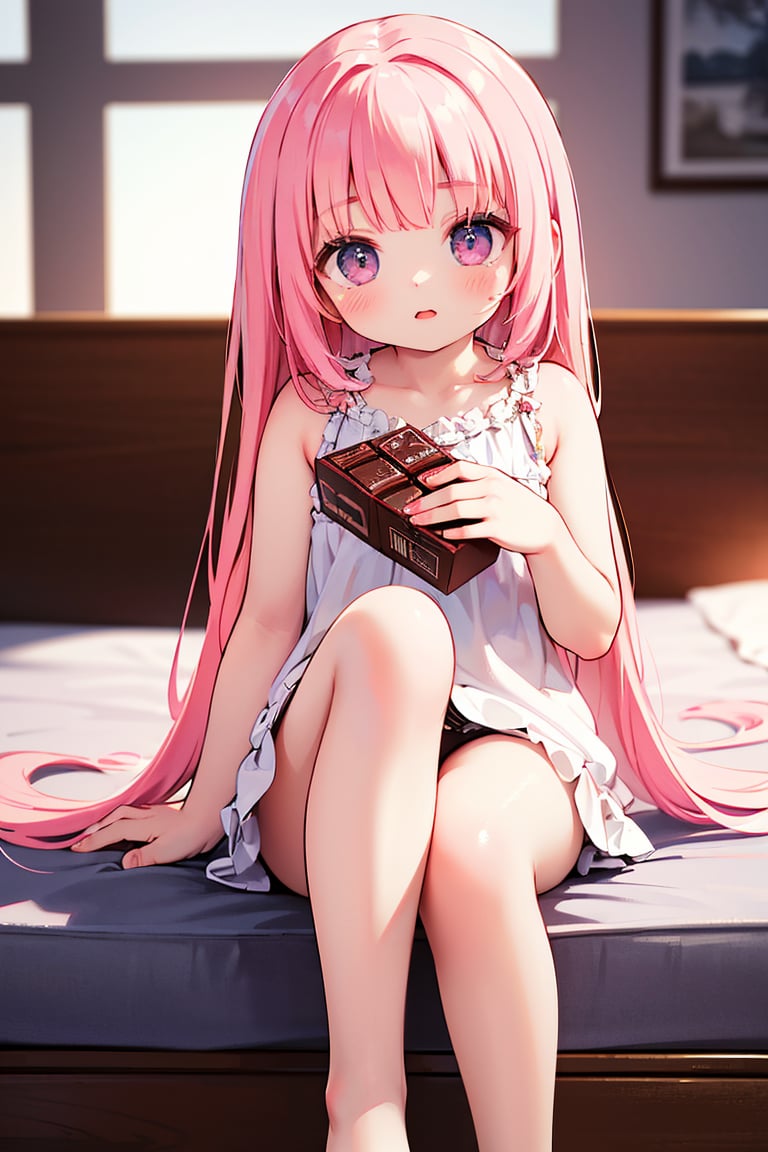 cute, adorable, pink hair, absurdly long hair, shiny skin, oiled skin, bare legs, pink theme, balloons, indoors, 1girl, solo, holding a box of chocolate, shy, blush, sitting, hanging leg, (best quality,4k,8k,highres,masterpiece:1.2), ultra-detailed, (realistic,photorealistic,photo-realistic:1.37), HDR, UHD, studio lighting, ultra-fine painting, sharp focus, physically-based rendering, extreme detail description, professional, vivid colors, bokeh, portraits, cute landscape, pink hue, soft lighting