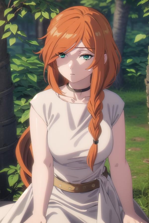 flamme, <lora:flamme s1-lora-nochekaiser:1>,flamme, long hair, (green eyes:1.5), (swept bangs:1.5), braid, orange hair, single braid, braided ponytail,dress, collarbone, choker, white dress, short sleeves,BREAK outdoors, forest, nature, trees,, sun, sky, cloud,BREAK looking at viewer, (cowboy shot:1.5),BREAK <lyco:GoodHands-beta2:1>, (masterpiece:1.2), best quality, high resolution, unity 8k wallpaper, (illustration:0.8), (beautiful detailed eyes:1.6), extremely detailed face, perfect lighting, extremely detailed CG, (perfect hands, perfect anatomy),