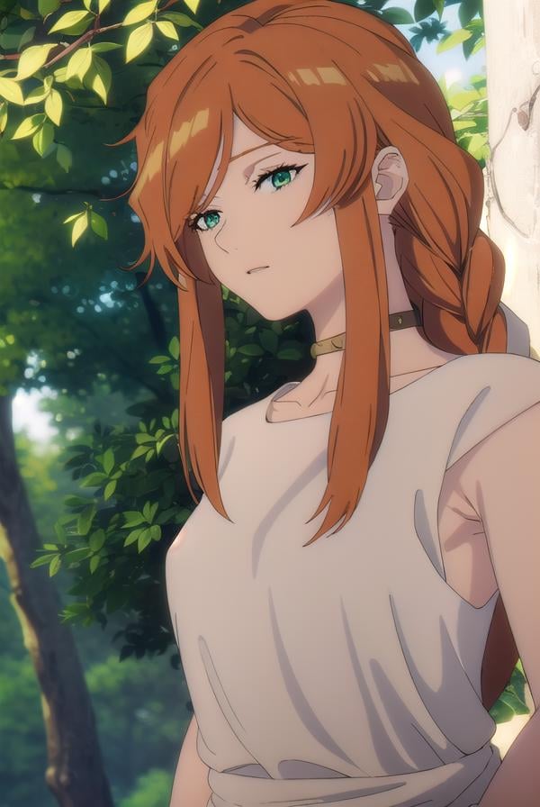 flamme, <lora:flamme s1-lora-nochekaiser:1>,flamme, long hair, (green eyes:1.5), (swept bangs:1.5), braid, orange hair, single braid, braided ponytail,dress, collarbone, choker, white dress, short sleeves,BREAK outdoors, forest, nature, trees,, sun, sky, cloud,BREAK looking at viewer, (cowboy shot:1.5),BREAK <lyco:GoodHands-beta2:1>, (masterpiece:1.2), best quality, high resolution, unity 8k wallpaper, (illustration:0.8), (beautiful detailed eyes:1.6), extremely detailed face, perfect lighting, extremely detailed CG, (perfect hands, perfect anatomy),