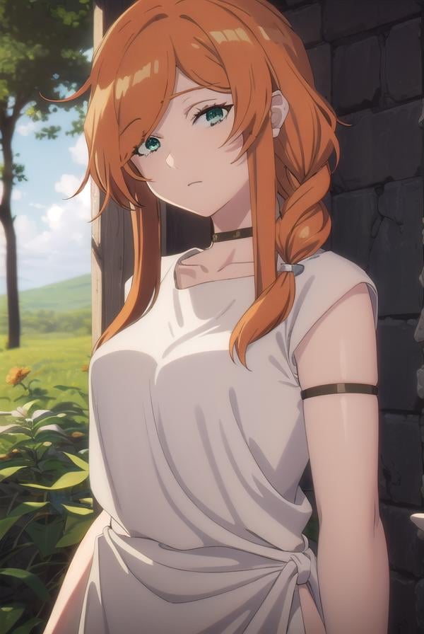 flamme, <lora:flamme s1-lora-nochekaiser:1>,flamme, long hair, (green eyes:1.5), (swept bangs:1.5), braid, orange hair, single braid, braided ponytail,dress, collarbone, choker, white dress, short sleeves,BREAK outdoors, forest, nature, trees,, sun, sky, cloud,BREAK looking at viewer, (cowboy shot:1.5),BREAK <lyco:GoodHands-beta2:1>, (masterpiece:1.2), best quality, high resolution, unity 8k wallpaper, (illustration:0.8), (beautiful detailed eyes:1.6), extremely detailed face, perfect lighting, extremely detailed CG, (perfect hands, perfect anatomy),