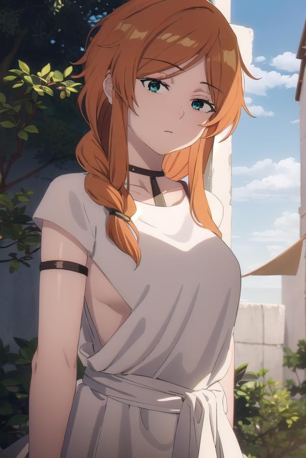 flamme, <lora:flamme s1-lora-nochekaiser:1>,flamme, long hair, (green eyes:1.5), (swept bangs:1.5), braid, orange hair, single braid, braided ponytail,dress, collarbone, choker, white dress, short sleeves,BREAK outdoors, forest, nature, trees,, sun, sky, cloud,BREAK looking at viewer, (cowboy shot:1.5),BREAK <lyco:GoodHands-beta2:1>, (masterpiece:1.2), best quality, high resolution, unity 8k wallpaper, (illustration:0.8), (beautiful detailed eyes:1.6), extremely detailed face, perfect lighting, extremely detailed CG, (perfect hands, perfect anatomy),