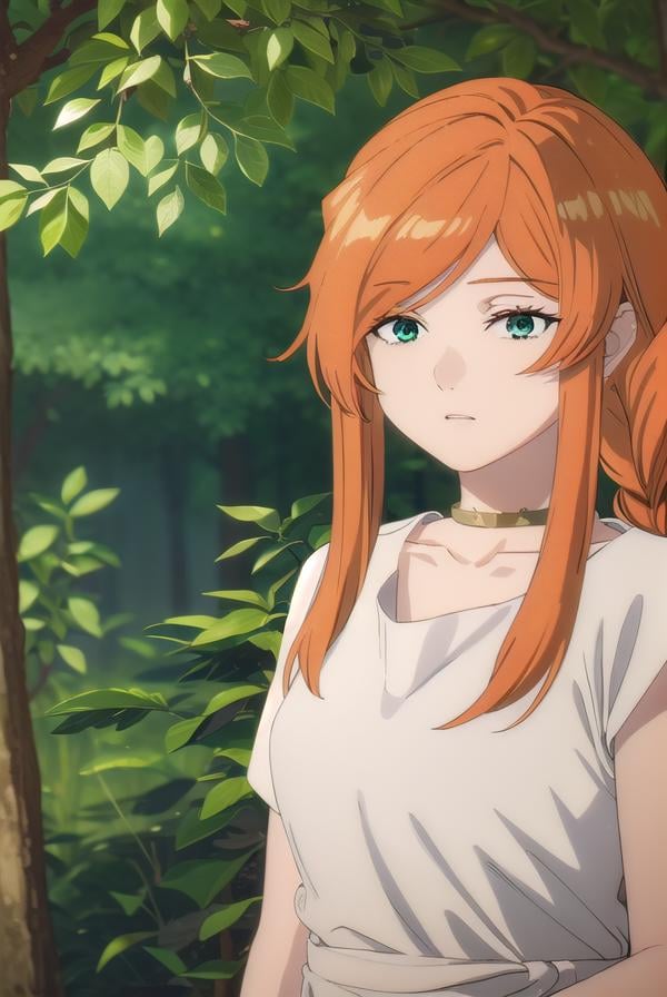 flamme, <lora:flamme s1-lora-nochekaiser:1>,flamme, long hair, (green eyes:1.5), (swept bangs:1.5), braid, orange hair, single braid, braided ponytail,dress, collarbone, choker, white dress, short sleeves,BREAK outdoors, forest, nature, trees,, sun, sky, cloud,BREAK looking at viewer, (cowboy shot:1.5),BREAK <lyco:GoodHands-beta2:1>, (masterpiece:1.2), best quality, high resolution, unity 8k wallpaper, (illustration:0.8), (beautiful detailed eyes:1.6), extremely detailed face, perfect lighting, extremely detailed CG, (perfect hands, perfect anatomy),