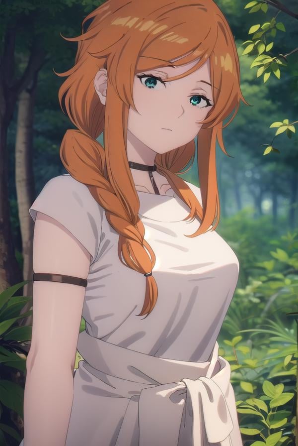 flamme, <lora:flamme s1-lora-nochekaiser:1>,flamme, long hair, (green eyes:1.5), (swept bangs:1.5), braid, orange hair, single braid, braided ponytail,dress, collarbone, choker, white dress, short sleeves,BREAK outdoors, forest, nature, trees,, sun, sky, cloud,BREAK looking at viewer, (cowboy shot:1.5),BREAK <lyco:GoodHands-beta2:1>, (masterpiece:1.2), best quality, high resolution, unity 8k wallpaper, (illustration:0.8), (beautiful detailed eyes:1.6), extremely detailed face, perfect lighting, extremely detailed CG, (perfect hands, perfect anatomy),