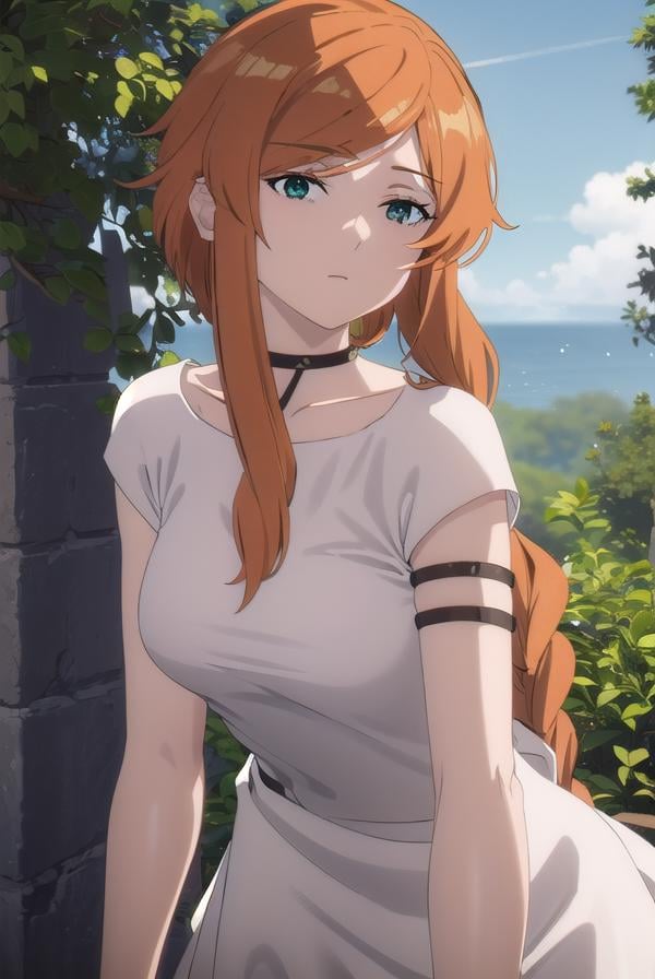 flamme, <lora:flamme s1-lora-nochekaiser:1>,flamme, long hair, (green eyes:1.5), (swept bangs:1.5), braid, orange hair, single braid, braided ponytail,dress, collarbone, choker, white dress, short sleeves,BREAK outdoors, forest, nature, trees,, sun, sky, cloud,BREAK looking at viewer, (cowboy shot:1.5),BREAK <lyco:GoodHands-beta2:1>, (masterpiece:1.2), best quality, high resolution, unity 8k wallpaper, (illustration:0.8), (beautiful detailed eyes:1.6), extremely detailed face, perfect lighting, extremely detailed CG, (perfect hands, perfect anatomy),