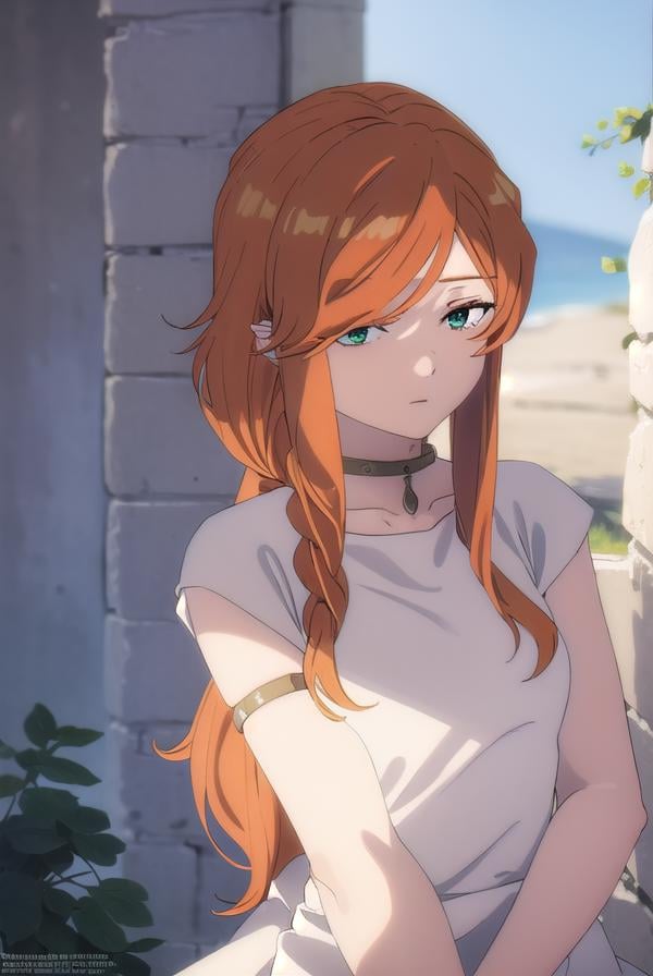 flamme, <lora:flamme s1-lora-nochekaiser:1>,flamme, long hair, (green eyes:1.5), (swept bangs:1.5), braid, orange hair, single braid, braided ponytail,dress, collarbone, choker, white dress, short sleeves,BREAK outdoors, castle, sun, sky, cloud,BREAK looking at viewer, (cowboy shot:1.5),BREAK <lyco:GoodHands-beta2:1>, (masterpiece:1.2), best quality, high resolution, unity 8k wallpaper, (illustration:0.8), (beautiful detailed eyes:1.6), extremely detailed face, perfect lighting, extremely detailed CG, (perfect hands, perfect anatomy),