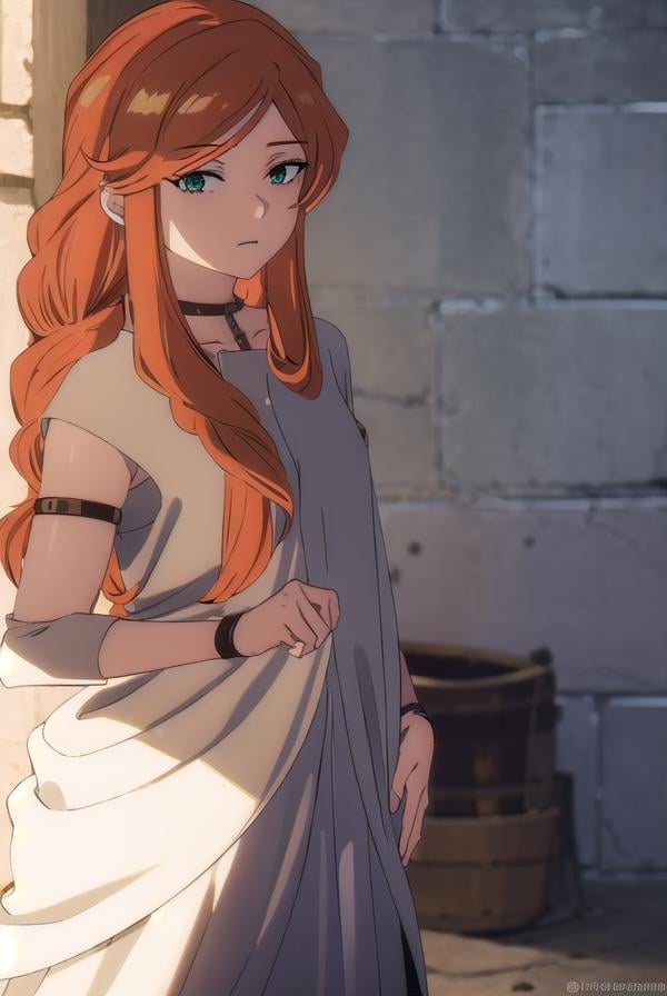 flamme, <lora:flamme s1-lora-nochekaiser:1>,flamme, long hair, (green eyes:1.5), (swept bangs:1.5), braid, orange hair, single braid, braided ponytail,dress, collarbone, choker, white dress, short sleeves,BREAK outdoors, forest, nature, trees,, sun, sky, cloud,BREAK looking at viewer, (cowboy shot:1.5),BREAK <lyco:GoodHands-beta2:1>, (masterpiece:1.2), best quality, high resolution, unity 8k wallpaper, (illustration:0.8), (beautiful detailed eyes:1.6), extremely detailed face, perfect lighting, extremely detailed CG, (perfect hands, perfect anatomy),