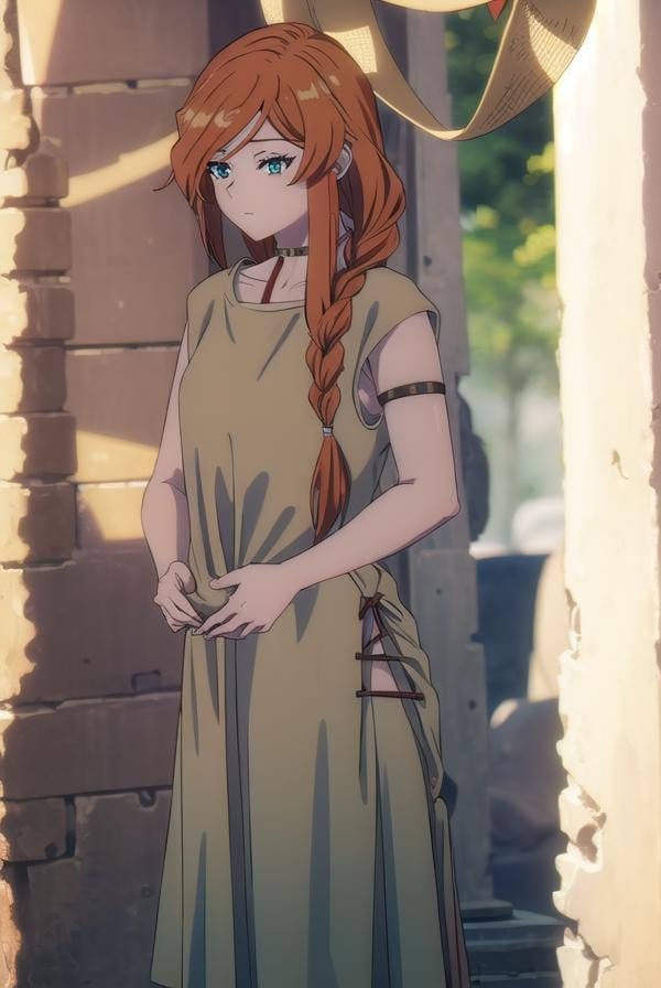 flamme, <lora:flamme s1-lora-nochekaiser:1>,flamme, long hair, (green eyes:1.5), (swept bangs:1.5), braid, orange hair, single braid, braided ponytail,dress, collarbone, choker, white dress, short sleeves,BREAK outdoors, forest, nature, trees,, sun, sky, cloud,BREAK looking at viewer, (cowboy shot:1.5),BREAK <lyco:GoodHands-beta2:1>, (masterpiece:1.2), best quality, high resolution, unity 8k wallpaper, (illustration:0.8), (beautiful detailed eyes:1.6), extremely detailed face, perfect lighting, extremely detailed CG, (perfect hands, perfect anatomy),