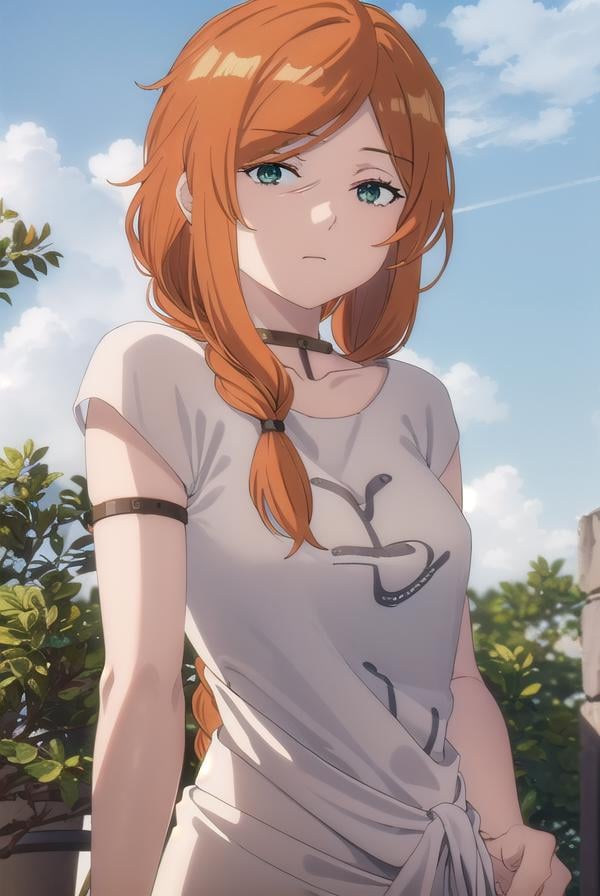 flamme, <lora:flamme s1-lora-nochekaiser:1>,flamme, long hair, (green eyes:1.5), (swept bangs:1.5), braid, orange hair, single braid, braided ponytail,dress, collarbone, choker, white dress, short sleeves,BREAK outdoors, forest, nature, trees,, sun, sky, cloud,BREAK looking at viewer, (cowboy shot:1.5),BREAK <lyco:GoodHands-beta2:1>, (masterpiece:1.2), best quality, high resolution, unity 8k wallpaper, (illustration:0.8), (beautiful detailed eyes:1.6), extremely detailed face, perfect lighting, extremely detailed CG, (perfect hands, perfect anatomy),