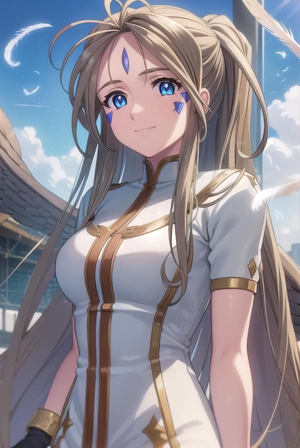 belldandy, <lora:belldandy s2-lora-nochekaiser:1>, belldandy, long hair, blue eyes, brown hair, facial mark, forehead mark, mature female, smile,BREAK gloves, wings, choker, fingerless gloves, bracelet, ring, feathers, angel wings, BREAK outdoor, city, sky, sun, clouds,BREAK looking at viewer, (cowboy shot:1.5),BREAK <lyco:GoodHands-beta2:1>, (masterpiece:1.2), best quality, high resolution, unity 8k wallpaper, (illustration:0.8), (beautiful detailed eyes:1.6), extremely detailed face, perfect lighting, extremely detailed CG, (perfect hands, perfect anatomy),