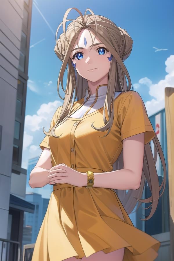 belldandy, <lora:belldandy s2-lora-nochekaiser:1>, belldandy, long hair, blue eyes, brown hair, facial mark, forehead mark, mature female, smile,BREAK shirt, orange shirt, short sleeves, belth, skirt, yellow skirt, bracelet,BREAK outdoor, city, sky, sun, clouds,BREAK looking at viewer, (cowboy shot:1.5),BREAK <lyco:GoodHands-beta2:1>, (masterpiece:1.2), best quality, high resolution, unity 8k wallpaper, (illustration:0.8), (beautiful detailed eyes:1.6), extremely detailed face, perfect lighting, extremely detailed CG, (perfect hands, perfect anatomy),