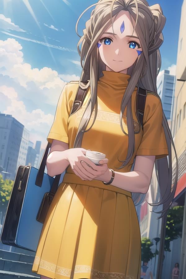 belldandy, <lora:belldandy s2-lora-nochekaiser:1>, belldandy, long hair, blue eyes, brown hair, facial mark, forehead mark, mature female, smile,BREAK shirt, orange shirt, short sleeves, belth, skirt, yellow skirt, bracelet,BREAK outdoor, city, sky, sun, clouds,BREAK looking at viewer, (cowboy shot:1.5),BREAK <lyco:GoodHands-beta2:1>, (masterpiece:1.2), best quality, high resolution, unity 8k wallpaper, (illustration:0.8), (beautiful detailed eyes:1.6), extremely detailed face, perfect lighting, extremely detailed CG, (perfect hands, perfect anatomy),