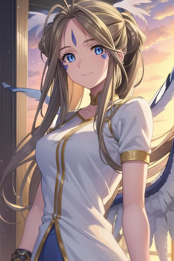 belldandy, <lora:belldandy s2-lora-nochekaiser:1>, belldandy, long hair, blue eyes, brown hair, facial mark, forehead mark, mature female, smile,BREAK gloves, wings, choker, fingerless gloves, bracelet, ring, feathers, angel wings, BREAK outdoor, city, sky, sun, clouds,BREAK looking at viewer, (cowboy shot:1.5),BREAK <lyco:GoodHands-beta2:1>, (masterpiece:1.2), best quality, high resolution, unity 8k wallpaper, (illustration:0.8), (beautiful detailed eyes:1.6), extremely detailed face, perfect lighting, extremely detailed CG, (perfect hands, perfect anatomy),