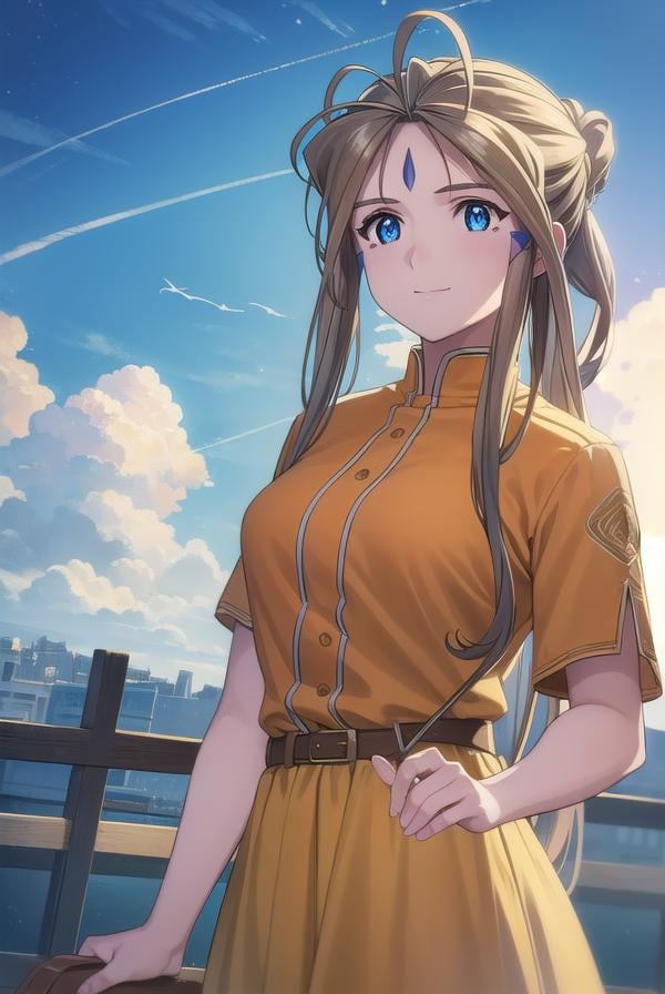 belldandy, <lora:belldandy s2-lora-nochekaiser:1>, belldandy, long hair, blue eyes, brown hair, facial mark, forehead mark, mature female, smile,BREAK shirt, orange shirt, short sleeves, belth, skirt, yellow skirt, bracelet,BREAK outdoor, city, sky, sun, clouds,BREAK looking at viewer, (cowboy shot:1.5),BREAK <lyco:GoodHands-beta2:1>, (masterpiece:1.2), best quality, high resolution, unity 8k wallpaper, (illustration:0.8), (beautiful detailed eyes:1.6), extremely detailed face, perfect lighting, extremely detailed CG, (perfect hands, perfect anatomy),