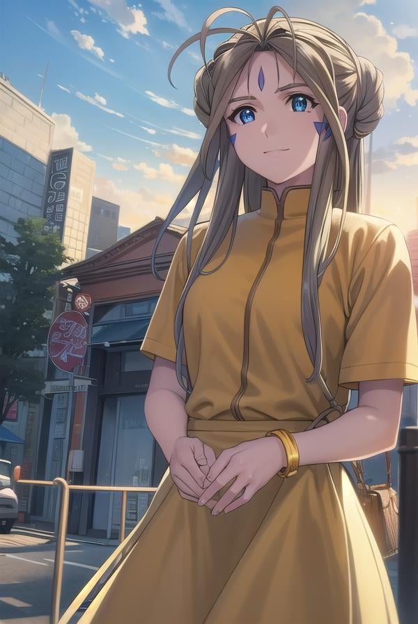 belldandy, <lora:belldandy s2-lora-nochekaiser:1>, belldandy, long hair, blue eyes, brown hair, facial mark, forehead mark, mature female, smile,BREAK shirt, orange shirt, short sleeves, belth, skirt, yellow skirt, bracelet,BREAK outdoor, city, sky, sun, clouds,BREAK looking at viewer, (cowboy shot:1.5),BREAK <lyco:GoodHands-beta2:1>, (masterpiece:1.2), best quality, high resolution, unity 8k wallpaper, (illustration:0.8), (beautiful detailed eyes:1.6), extremely detailed face, perfect lighting, extremely detailed CG, (perfect hands, perfect anatomy),