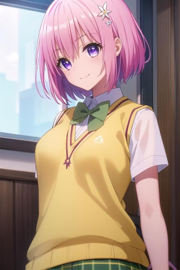 momodevilluke, <lyco:momo deviluke darkness-lyco-nochekaiser:1>,momo deviluke, demon tail, hair flower, hair ornament, (purple eyes:1.1), pink hair, short hair, tail, smile,BREAK demon tail, green skirt, plaid, plaid skirt, sainan high school uniform, school uniform, skirt, sweater vest, thighhighs, (yellow sweater:1.5), short sleeves, bow, (green bow:1.5),BREAK indoors, classroom,BREAK looking at viewer, (cowboy shot:1.5),BREAK <lyco:GoodHands-beta2:1>, (masterpiece:1.2), best quality, high resolution, unity 8k wallpaper, (illustration:0.8), (beautiful detailed eyes:1.6), extremely detailed face, perfect lighting, extremely detailed CG, (perfect hands, perfect anatomy),