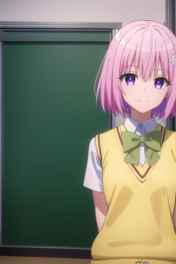 momodevilluke, <lyco:momo deviluke darkness-lyco-nochekaiser:1>,momo deviluke, demon tail, hair flower, hair ornament, (purple eyes:1.1), pink hair, short hair, tail, smile,BREAK demon tail, green skirt, plaid, plaid skirt, sainan high school uniform, school uniform, skirt, sweater vest, thighhighs, (yellow sweater:1.5), short sleeves, bow, (green bow:1.5),BREAK indoors, classroom,BREAK looking at viewer, (cowboy shot:1.5),BREAK <lyco:GoodHands-beta2:1>, (masterpiece:1.2), best quality, high resolution, unity 8k wallpaper, (illustration:0.8), (beautiful detailed eyes:1.6), extremely detailed face, perfect lighting, extremely detailed CG, (perfect hands, perfect anatomy),